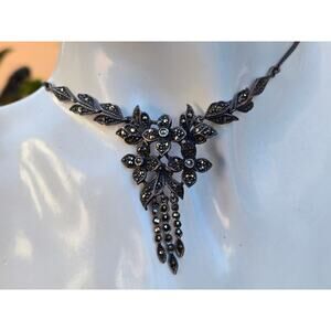 Vintage Sterling Silver Floral Marcasite Tassel 18 inch Lariat or Y Necklace